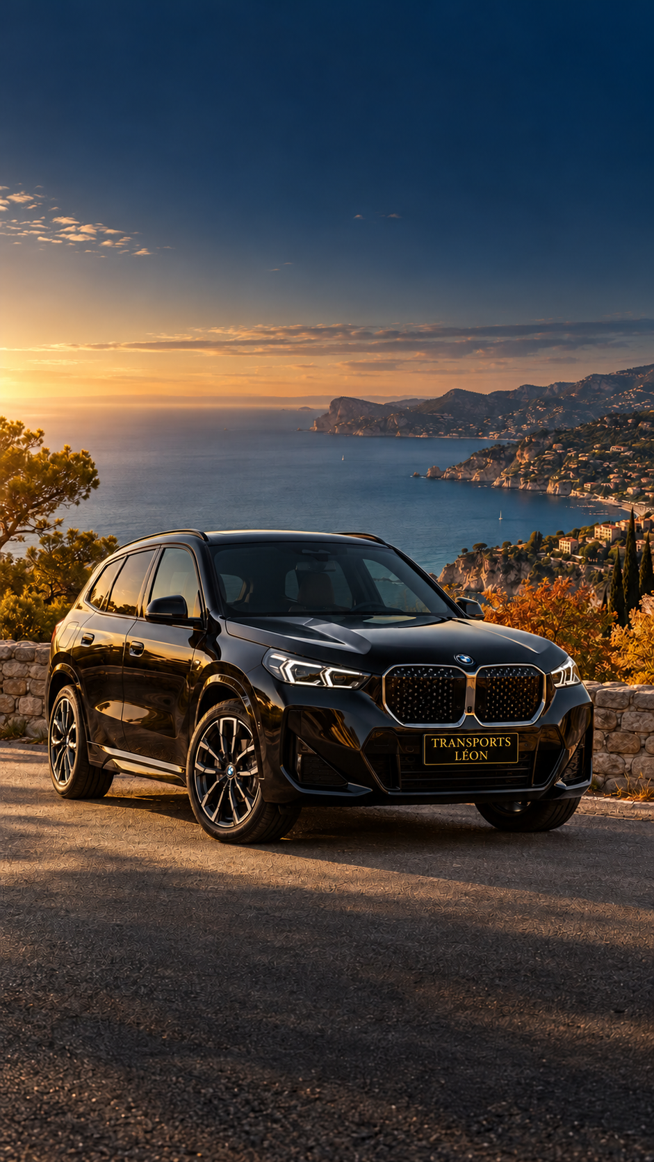 Illustration d’une BMW iX1 noire face à un paysage méditerranéen