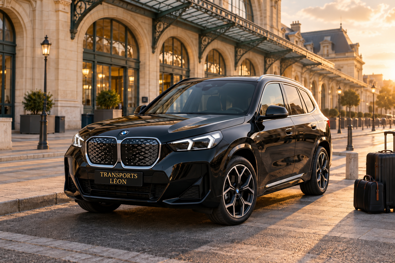 BMW iX1 noire devant une gare, scène illustrative