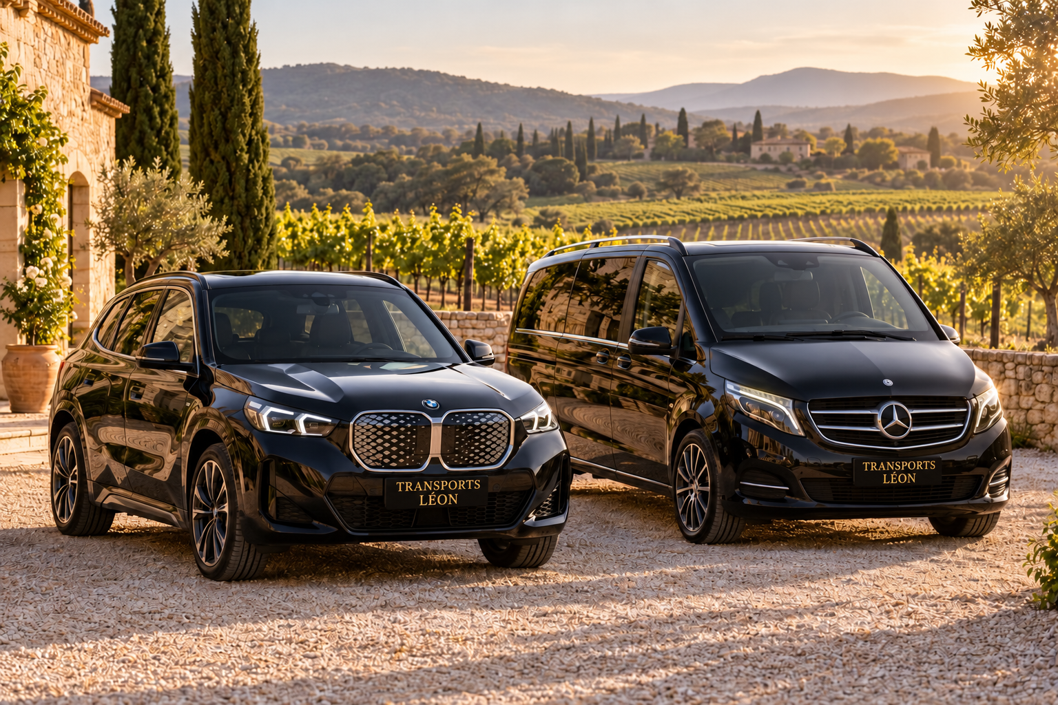 BMW iX1 et van Classe V dans un vignoble, illustration